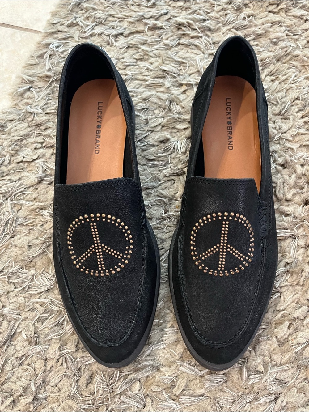Lucky Brand Black Loafers with Gold Stud Peace Symbol